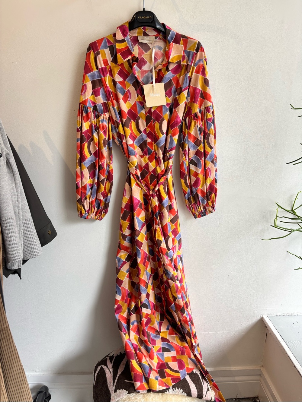 Wrap-Style Geometric Maxi Dress in Red and Yellow